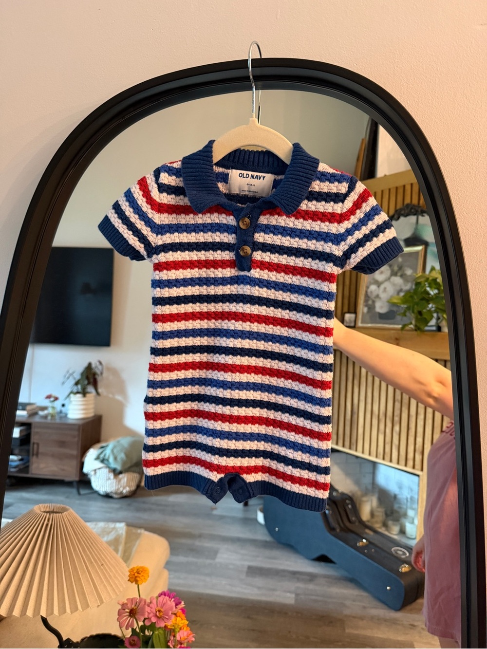 Old Navy Red, White & Blue Striped Knit Polo Romper